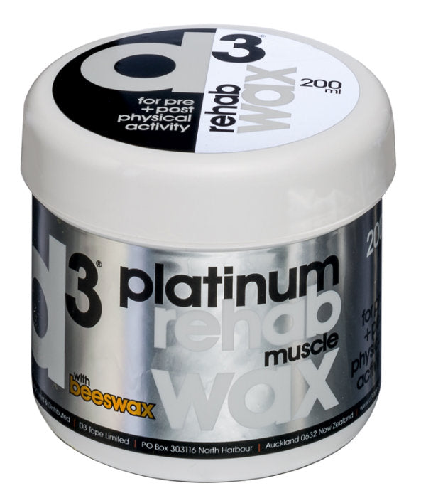 D3tape Silver Platinum Rehab Wax medical product in a 200g container, showcasing the silver-colored wax for rehabilitation use.