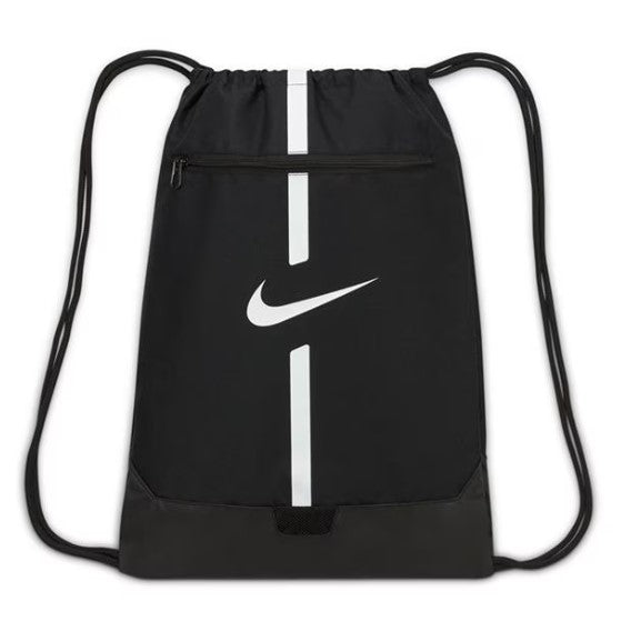 Nike Academy Gymsack drawstring sports bag in black with Nike logo, lightweight and durable for gym or sports use.