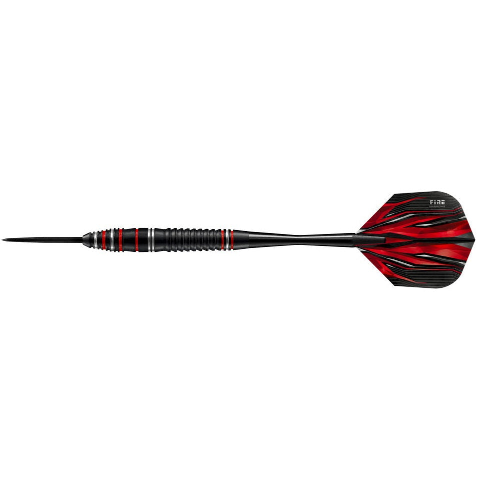 Harrows Fire Alloy Steel Darts with black and red barrels and steel tips, designed for professional dart players.