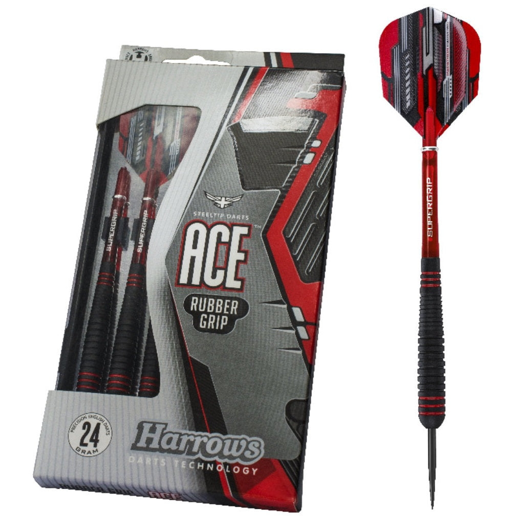 Harrows Darts Rubber Grip Ace showing a close-up of the dart with textured rubber grip and branding details.