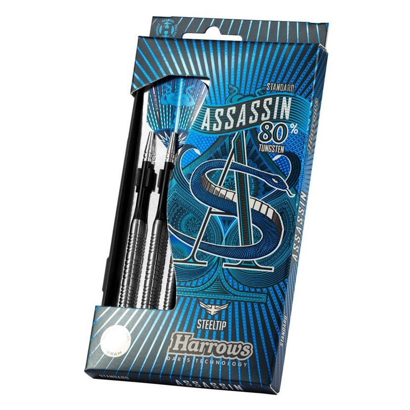 Harrows Tungsten Darts Assassin Standard set featuring sleek, professional-grade darts with tungsten barrels and detailed designs.