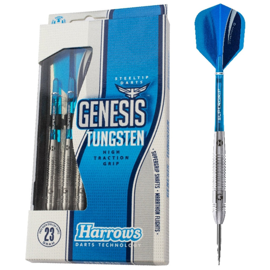 Harrows Darts Tungsten Genesis set featuring sleek, high-quality darts with black and silver finishes for professional play.