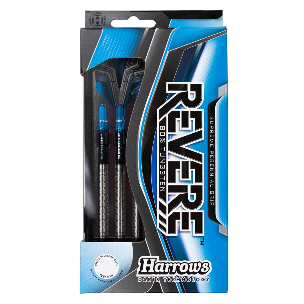 Harrows Darts Tungsten Revere set showing sleek silver darts with black grips and pointed tips on a white background.