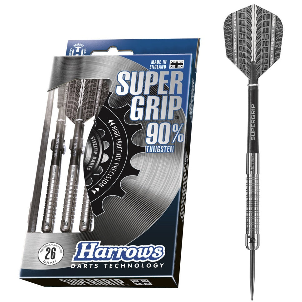 Harrows Tungsten Supergrip darts with textured grip and sleek design, perfect for precision dart gameplay.
