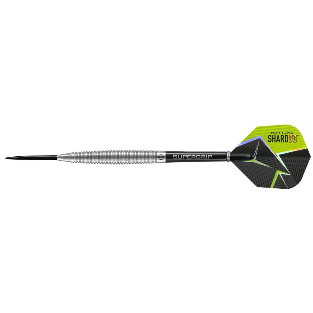 Harrows Shard Tungsten Darts with sleek silver barrels and black grips, designed for precision and durability in darts gameplay.