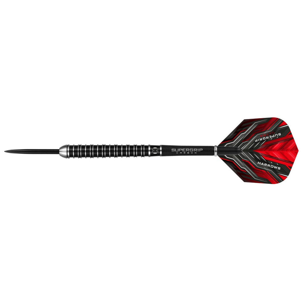 Harrows Supergrip Ultra Tungsten Darts with black barrels and silver tips, designed for precision and durability in darts gameplay.