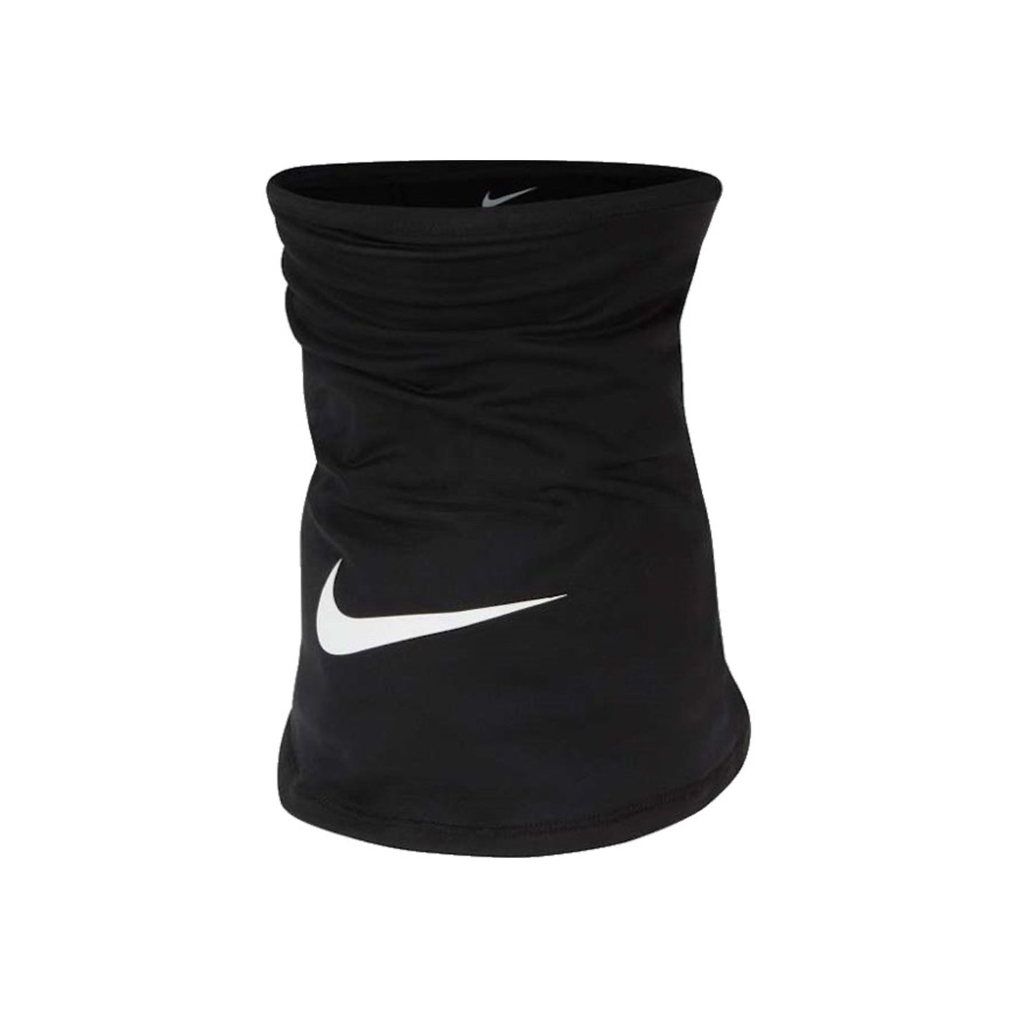 Nike thermal fleece neckwarmer, soft and cozy, shown in black with Nike logo, designed for outdoor cold weather activities.