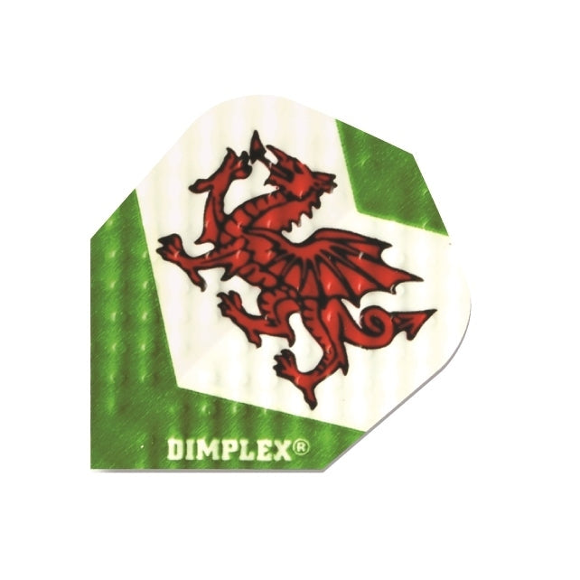 Harrows Dimplex Welsh Dragon Style No.18 dart flights with intricate dragon design, lightweight and durable for dart players.