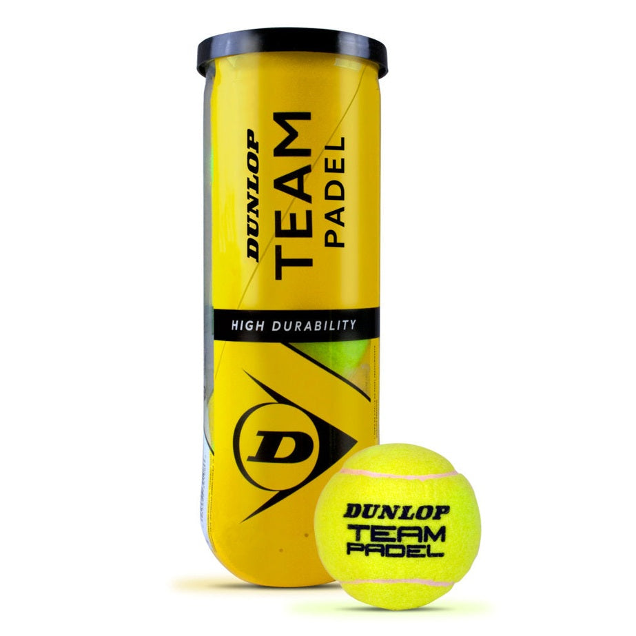 Dunlop Padel Team Balls in a 3-ball tube, featuring Dunlop and Slazenger branding, suitable for padel tennis play.
