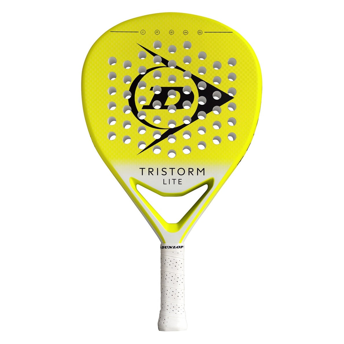 Dunlop Padel Tristorm Lite racket with black and red design, lightweight frame, and textured surface for enhanced grip and control.