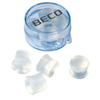 Beco swimming ear putty in a small container, designed to block water from ears during swimming activities.