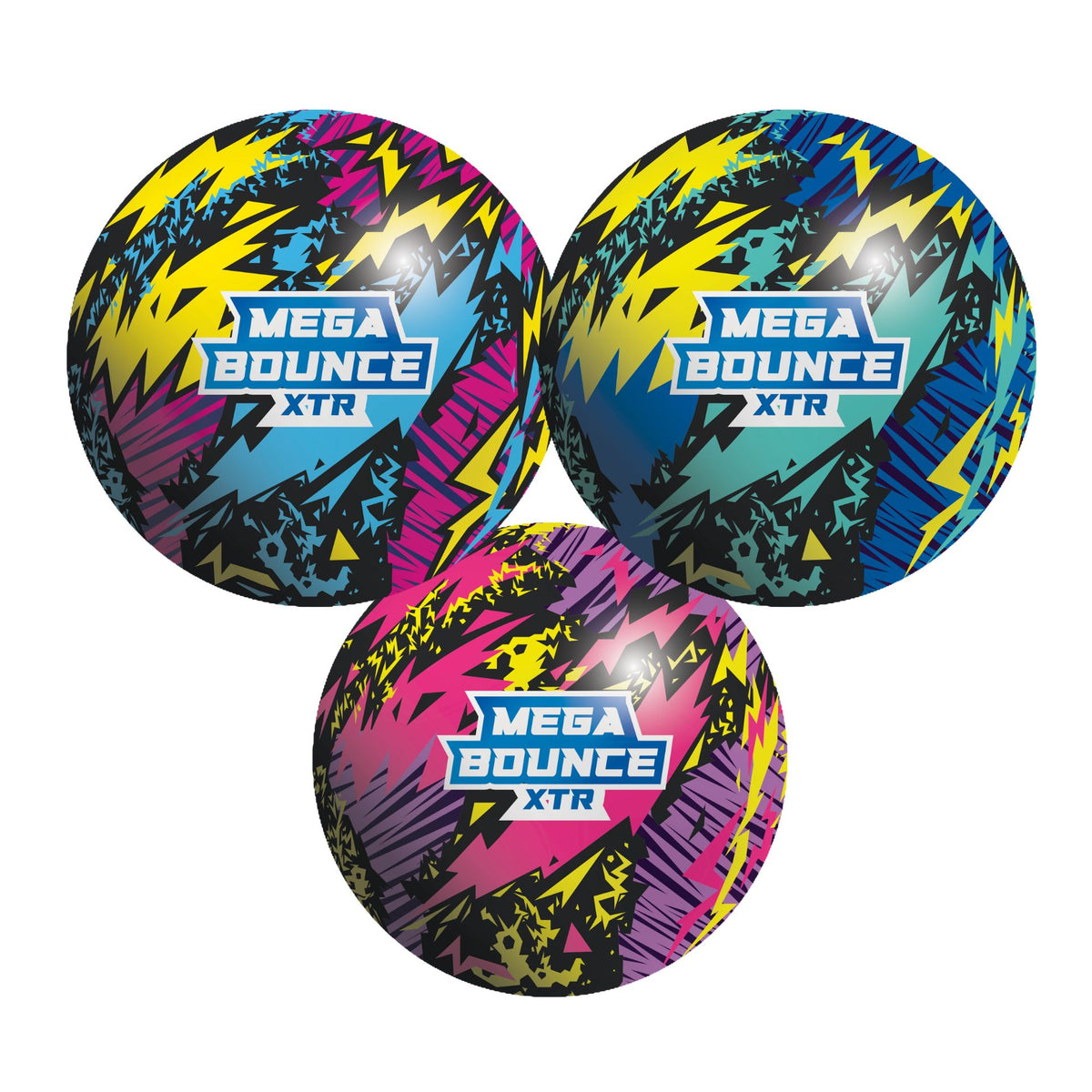 Wicked Mega Bounce XTR high bounce ball for sports, shown on a white background with vibrant colors and the Wicked logo.