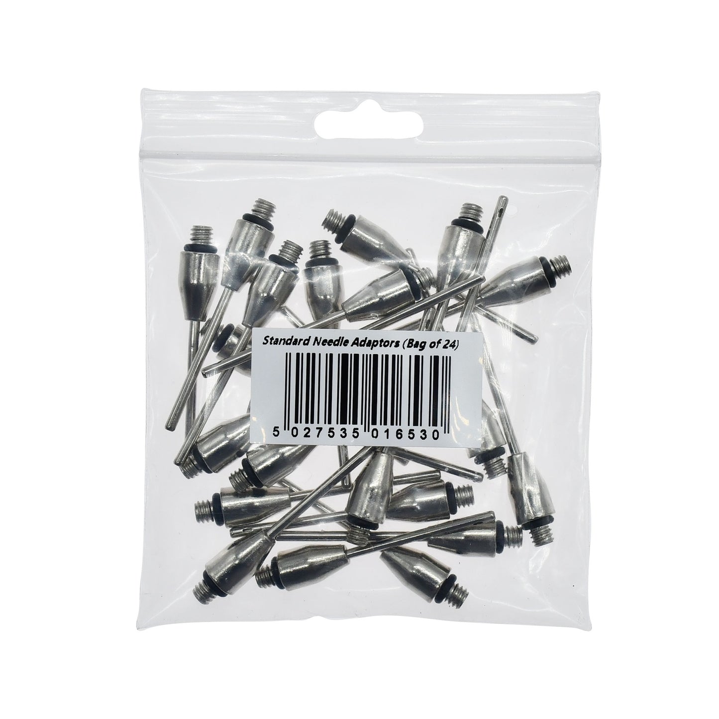 Set of 24 Precision Standard Needle Adaptors for sporting goods, shown in a clear image with individual adaptors visible.