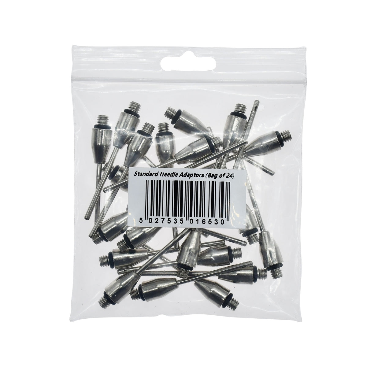 Set of 24 Precision Standard Needle Adaptors for sporting goods, shown in a bag with multiple small metal adaptors.