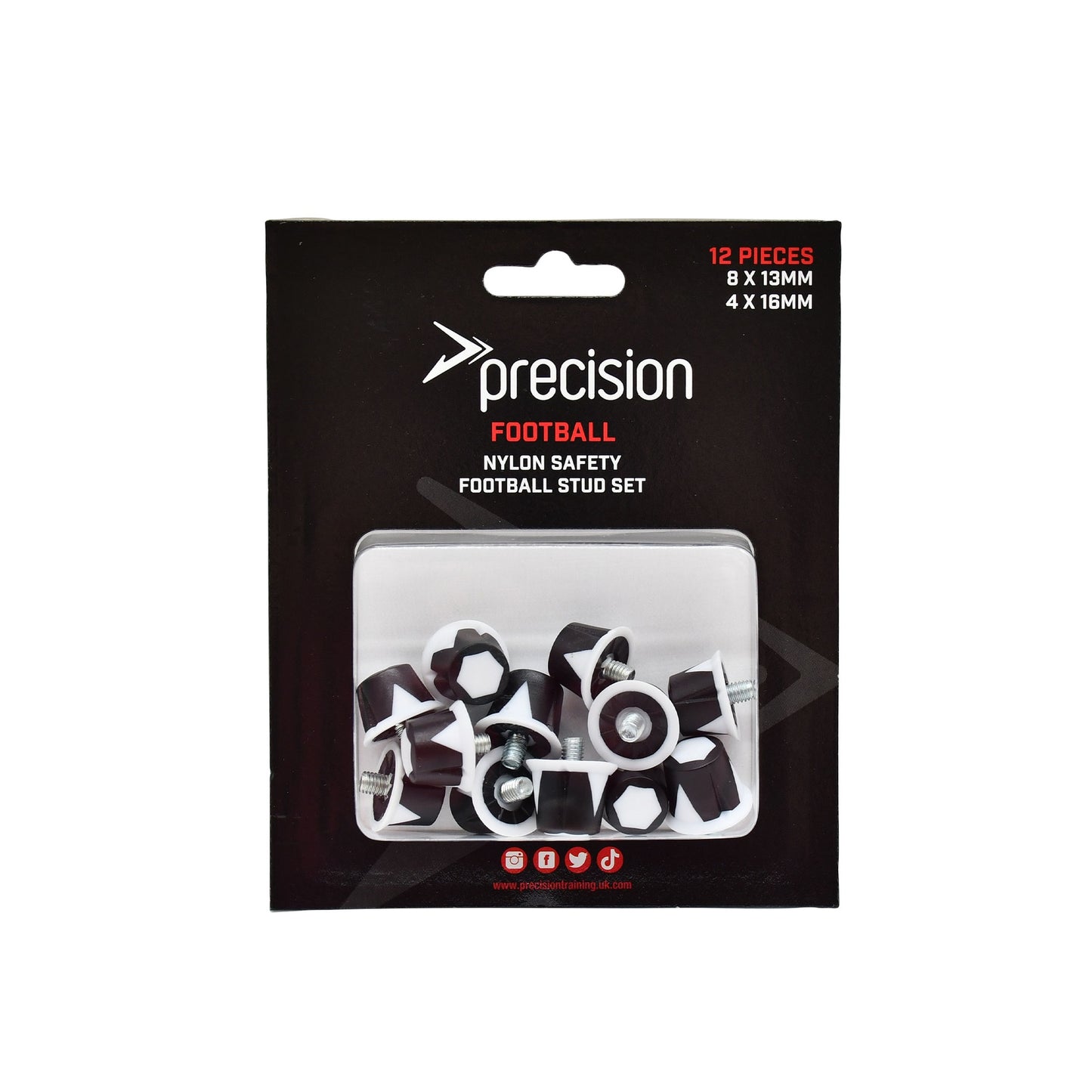 Precision nylon safety football studs set of 12 with 8x13mm and 4x16mm lengths, designed for secure athletic footwear.