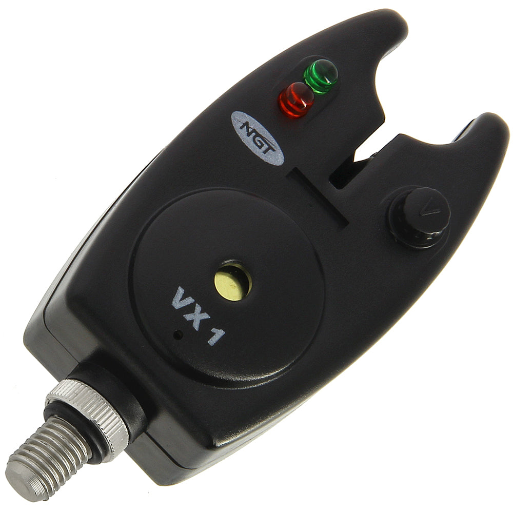 NGT VX1 Bite Alarm with protective case, sporting goods fishing accessory, showing device with LCD display and attached strap.