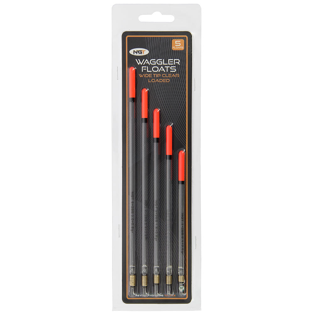Set of five NGT Loaded Waggler Floats for fishing, with bright, wide-loaded tips for improved visibility and bite detection.