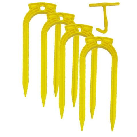 Set of four Samba Sports football ground anchors made of U plastic for secure football field setup.