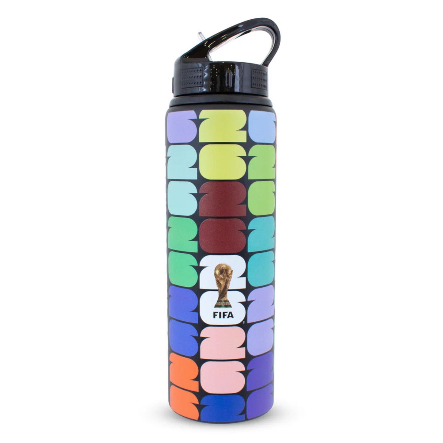 Team Merchandise FWC26 750ml aluminum water bottle with sports branding and a sleek metallic finish.