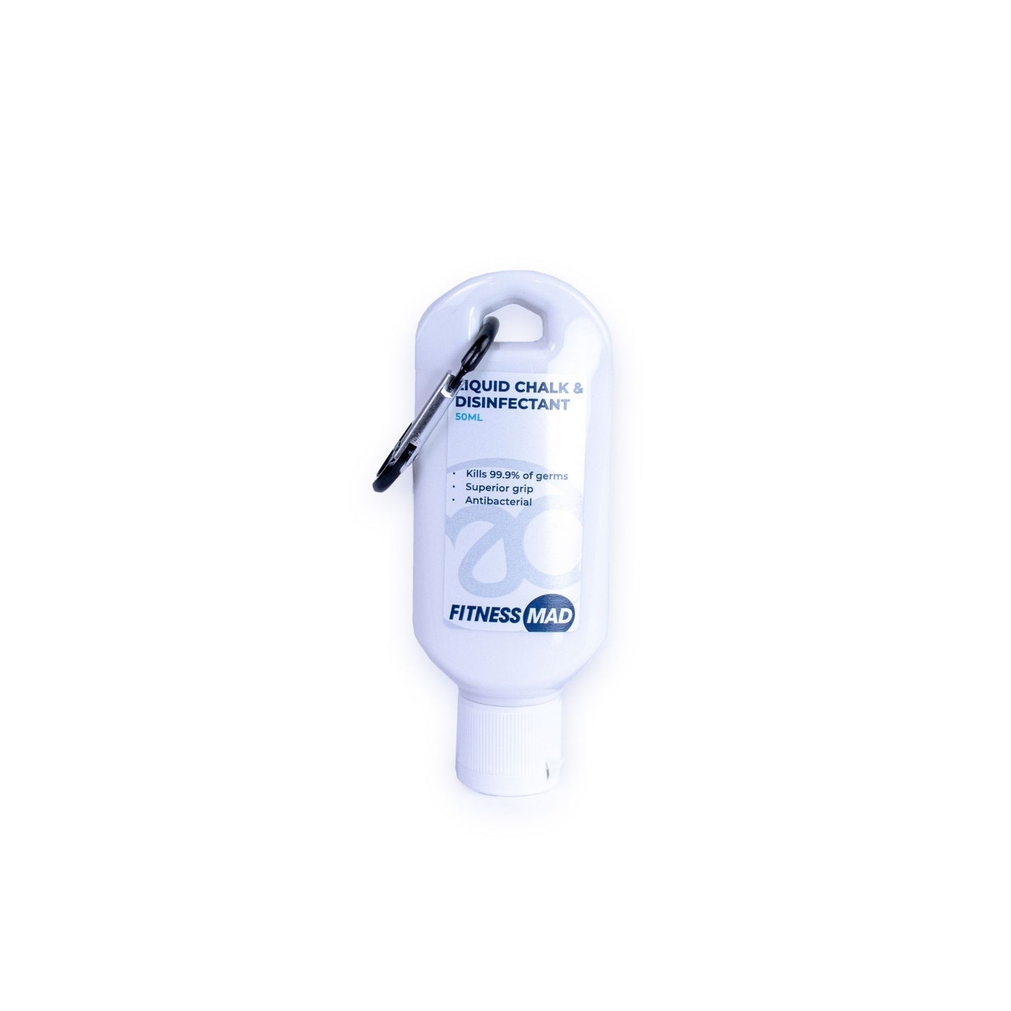 Fitness Mad Liquid Chalk 50ml for sports, showing the bottle with black chalk liquid inside and a sports background.
