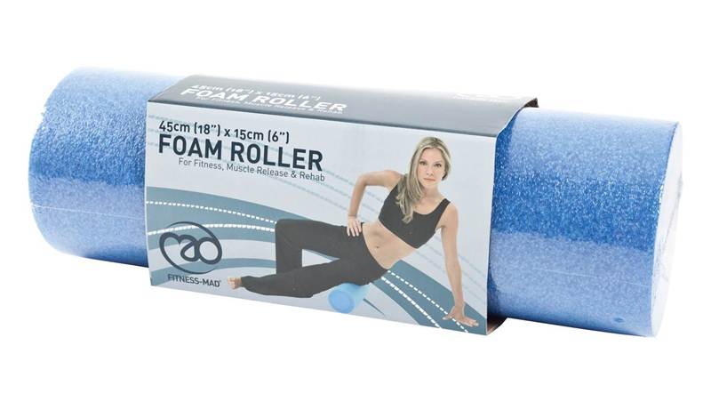 Fitness Mad KeepFit foam roller, half-length 6-inch black foam roller for muscle recovery and stretching exercises.