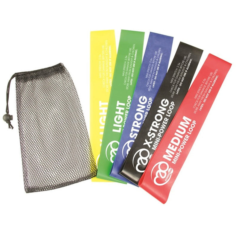 Fitness Mad KeepFit Mini Power Loop Set with colorful resistance bands for strength training and exercise routines.