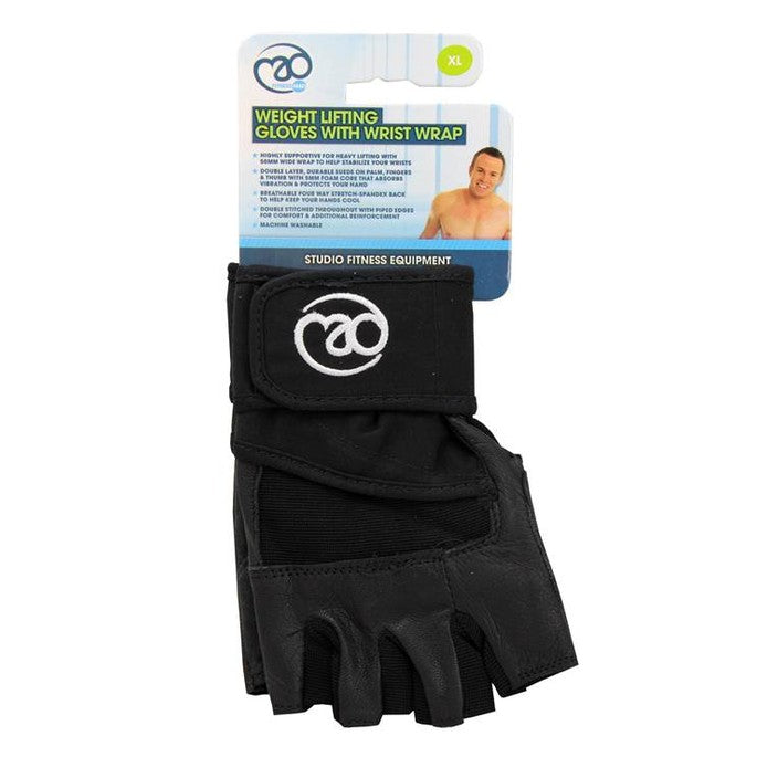 Fitness Mad Keepfit weightlifting gloves with wrist wraps, showing black gloves with adjustable wrist support for strength training.