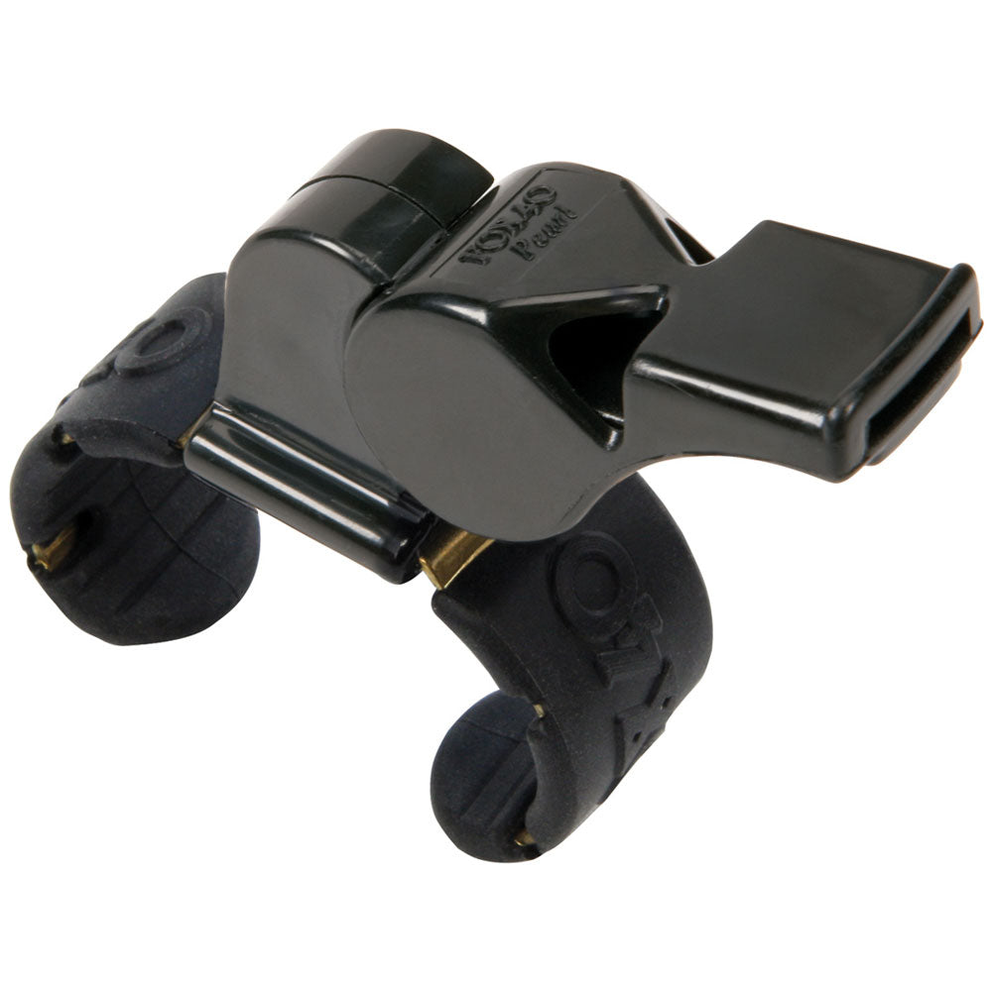Fox 40 Pearl official fingergrip whistle in black with ergonomic design, used for sports and safety signaling.