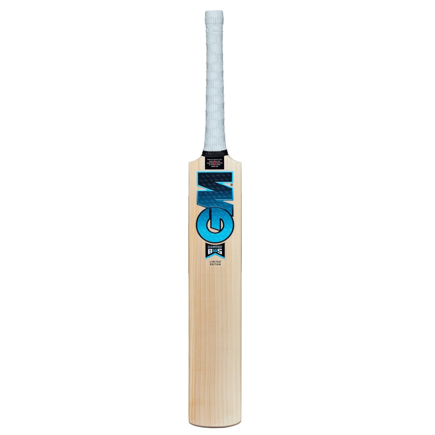 Gunn & Moore GM Cricket Bat Diamond 707 (B55S) full size cricket bat with polished wood and black handle against a white background.