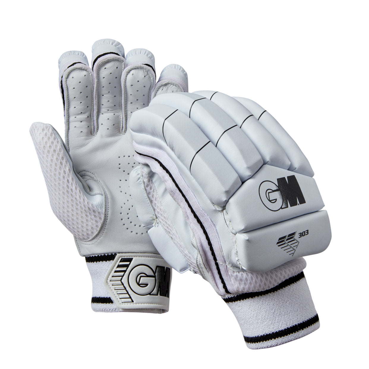 Gunn & Moore GM Batting Gloves 303 for cricket, showing padded gloves with branding and breathable design in black and white.