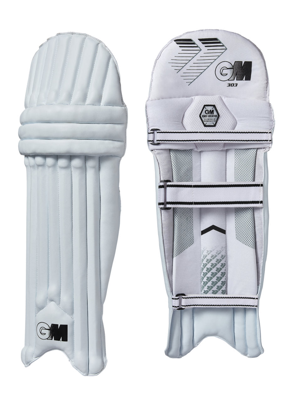 Gunn & Moore GM Batting Pads 303 Ambi cricket protective gear, padded leg guards with adjustable straps and reinforced shin protection.