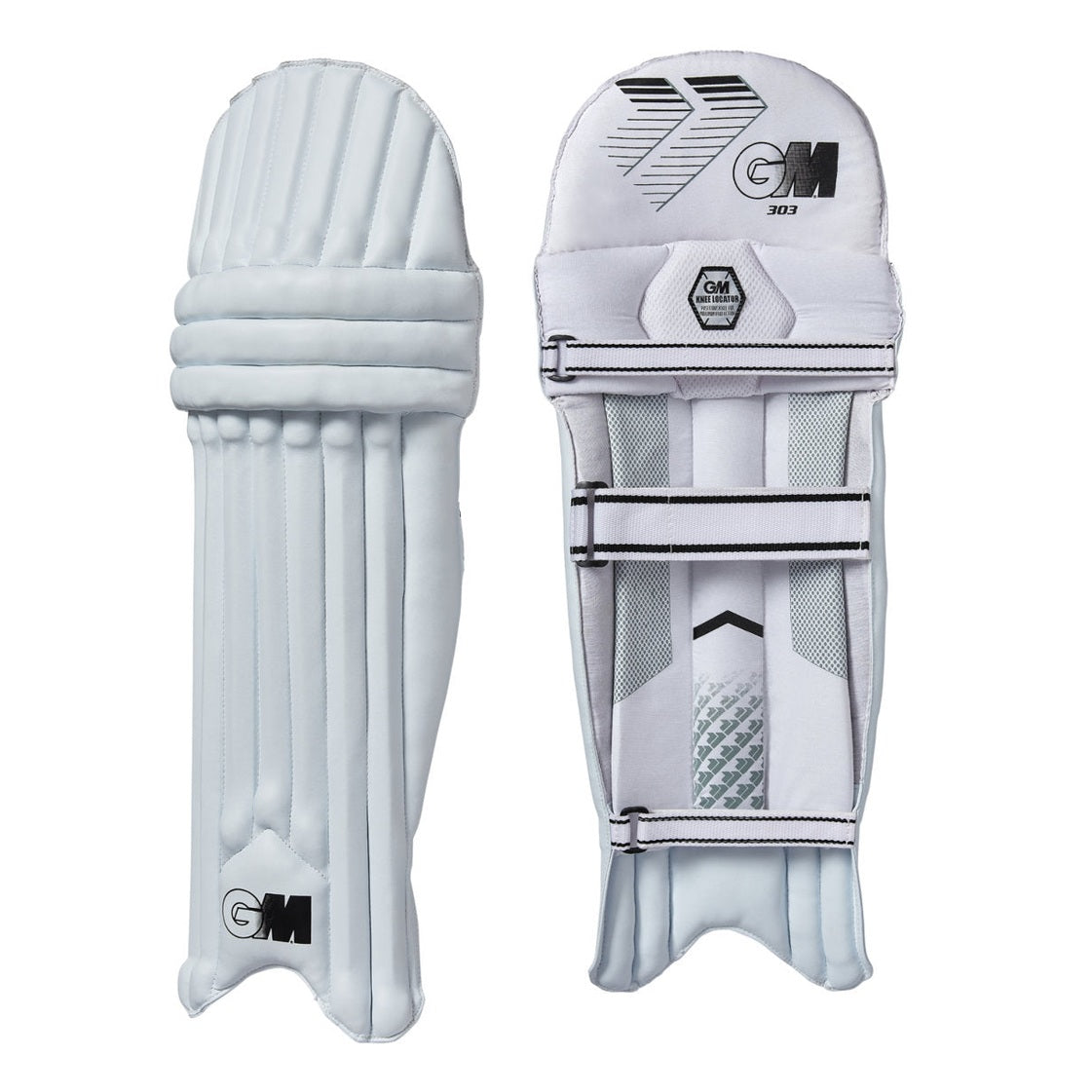 Gunn & Moore GM Batting Pads 303 Ambi cricket protective gear, padded leg guards with adjustable straps and reinforced shin protection.