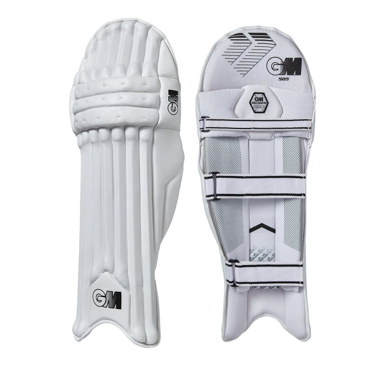 Cricket batting pads by Gunn & Moore GM Batting Pads 505, padded leg guards for cricket protection, shown in black with brand logo