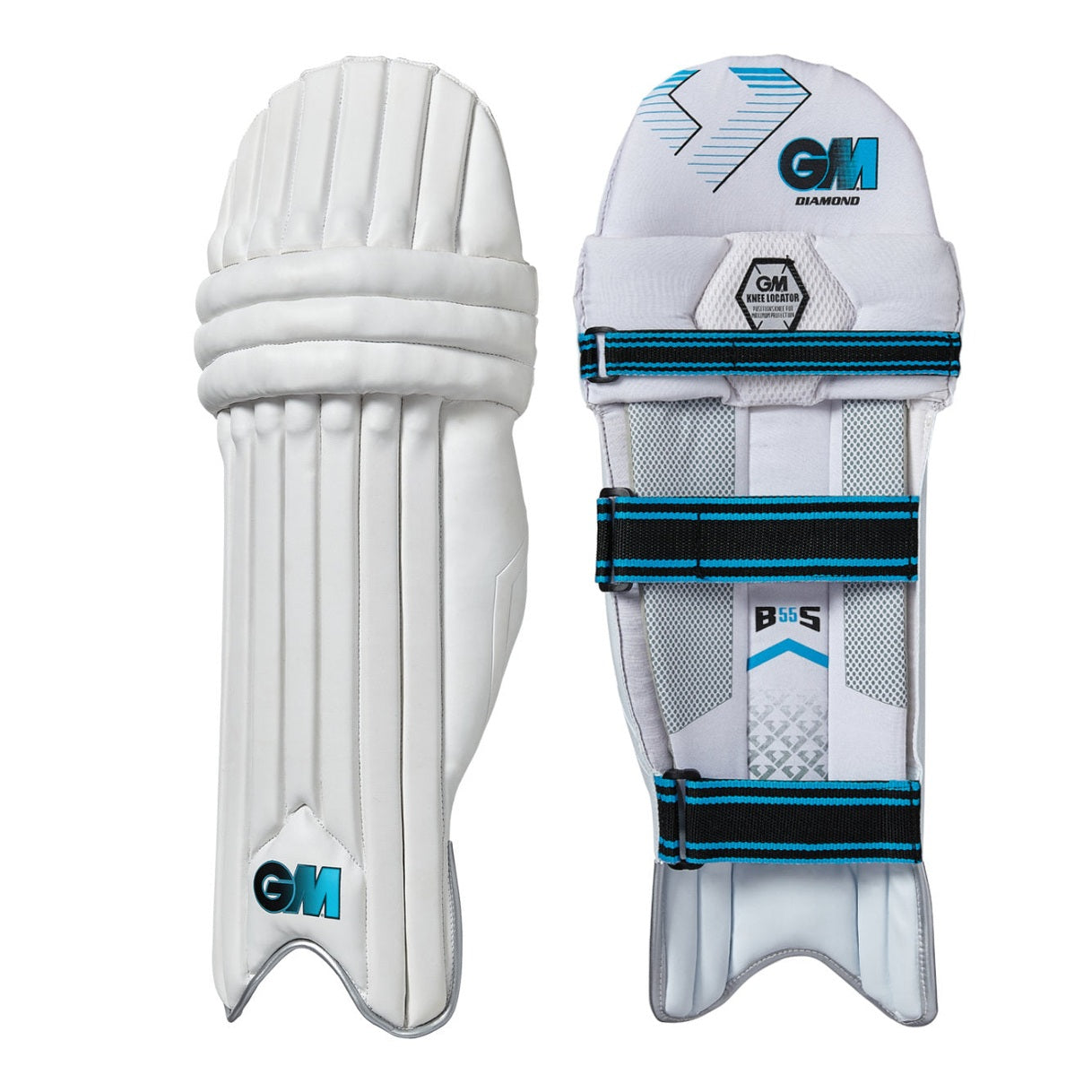 Cricket batting pads by Gunn & Moore GM Diamond series, protective cricket gear with padded leg guards and adjustable straps.