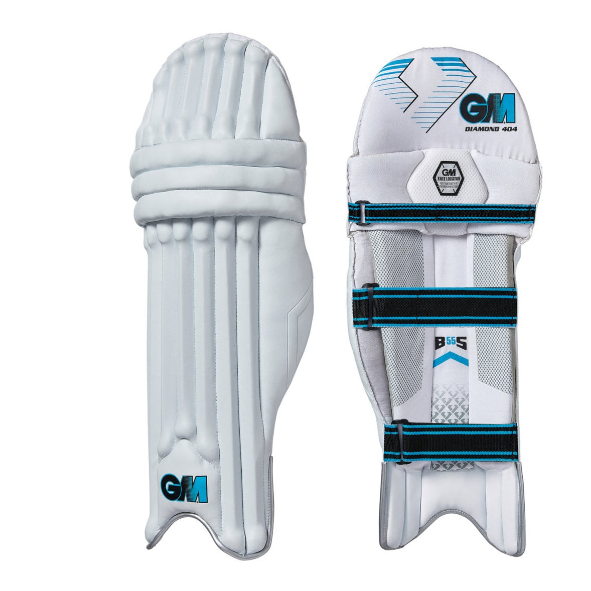 Cricket batting pads by Gunn & Moore, Diamond 404 series, featuring protective padding and adjustable straps for cricket players.
