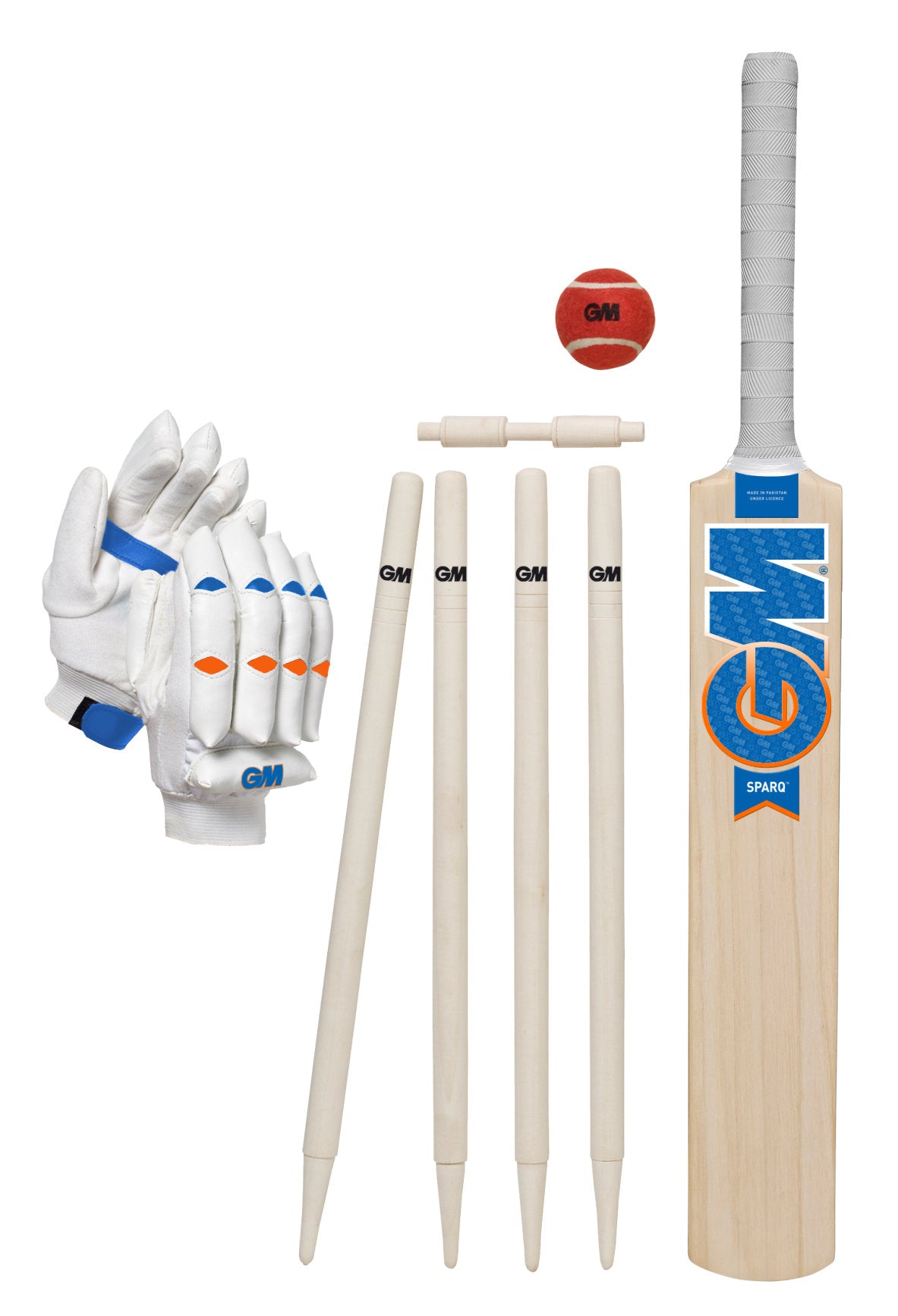 Gunn & Moore GM Sparq Cricket Set with cricket bat, ball, and stumps for outdoor play, stored in a compact carry bag.
