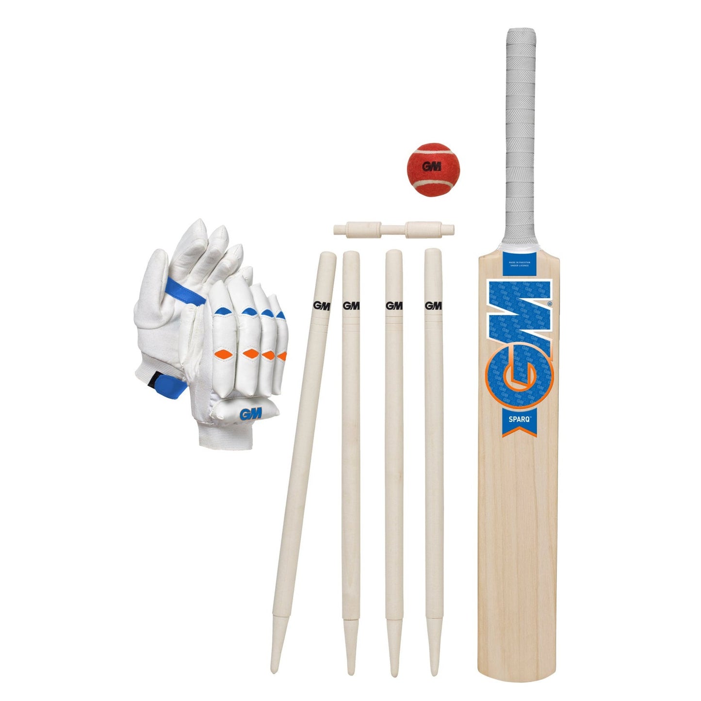 Gunn & Moore GM Sparq Cricket Set with cricket bat, ball, and stumps for outdoor play, stored in a compact carry bag.