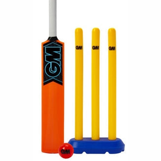 Gunn & Moore GM Striker Cricket Set with cricket bat, ball, and stumps for kids and beginners.