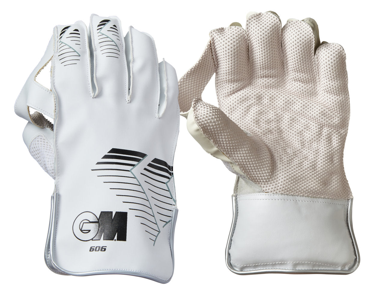 Gunn & Moore GM wicket keeper gloves 606 for cricket, showing padded fingers and adjustable wrist strap for secure fit.