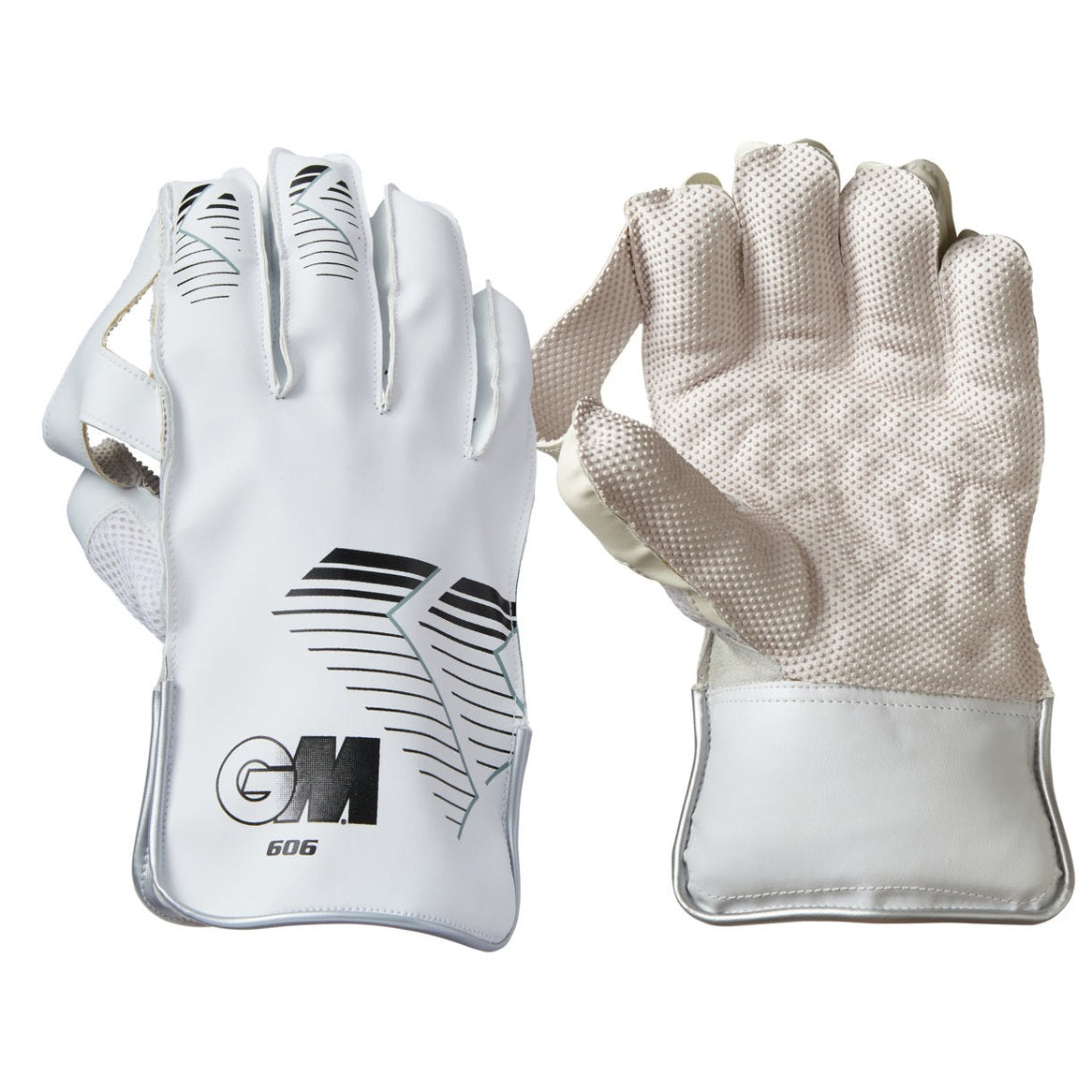 Gunn & Moore GM wicket keeper gloves 606 for cricket, showing padded fingers and adjustable wrist strap for secure fit.