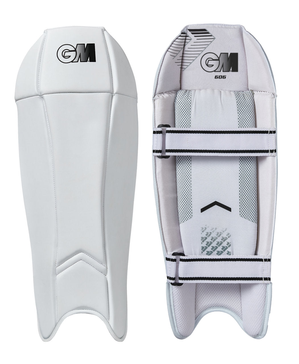 Gunn & Moore GM Wicket Keeper Pads 606 for cricket, padded leg guards with white and black design, front view with straps visible