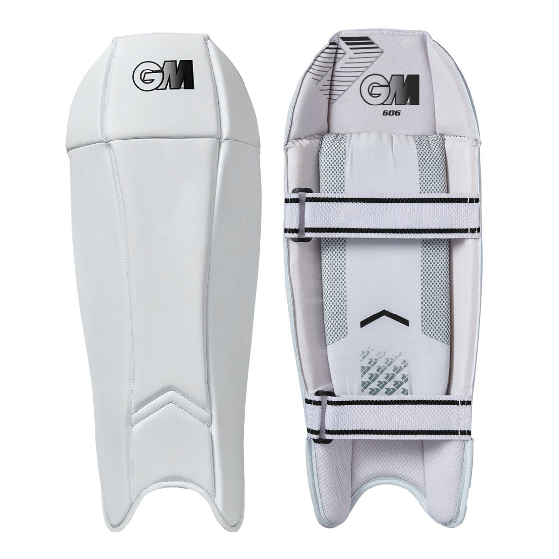 Gunn & Moore GM Wicket Keeper Pads 606 for cricket, padded leg guards with white and black design, front view with straps visible
