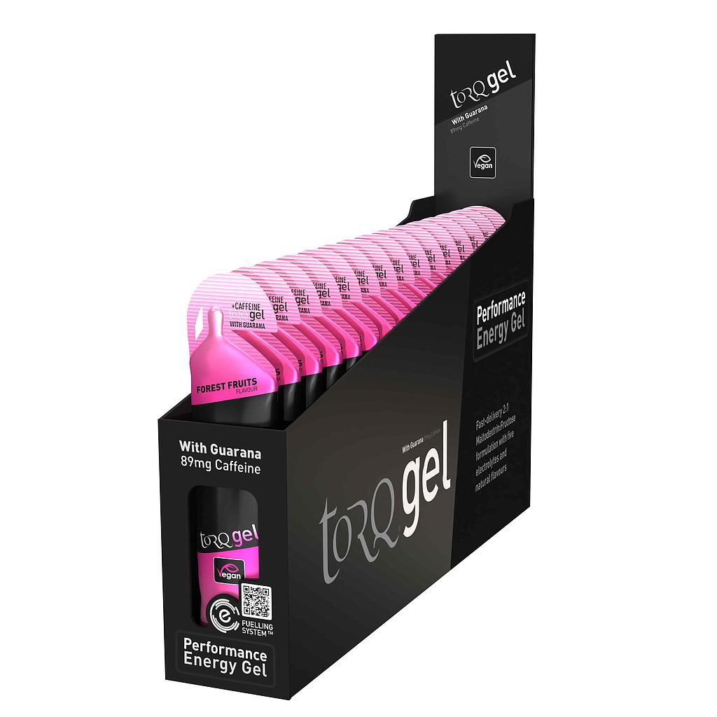 Box of 15 Torq Energy Gels with Guarana for sports nutrition, featuring individual gel packets with branding and flavor details.