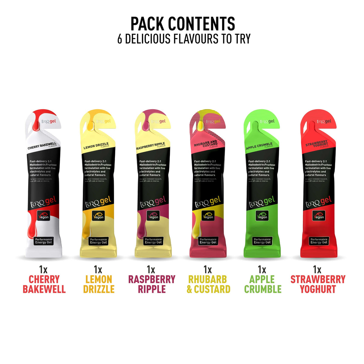 Torq 6-pack energy gel sampling pack with six individual gel servings for sports and endurance activities.