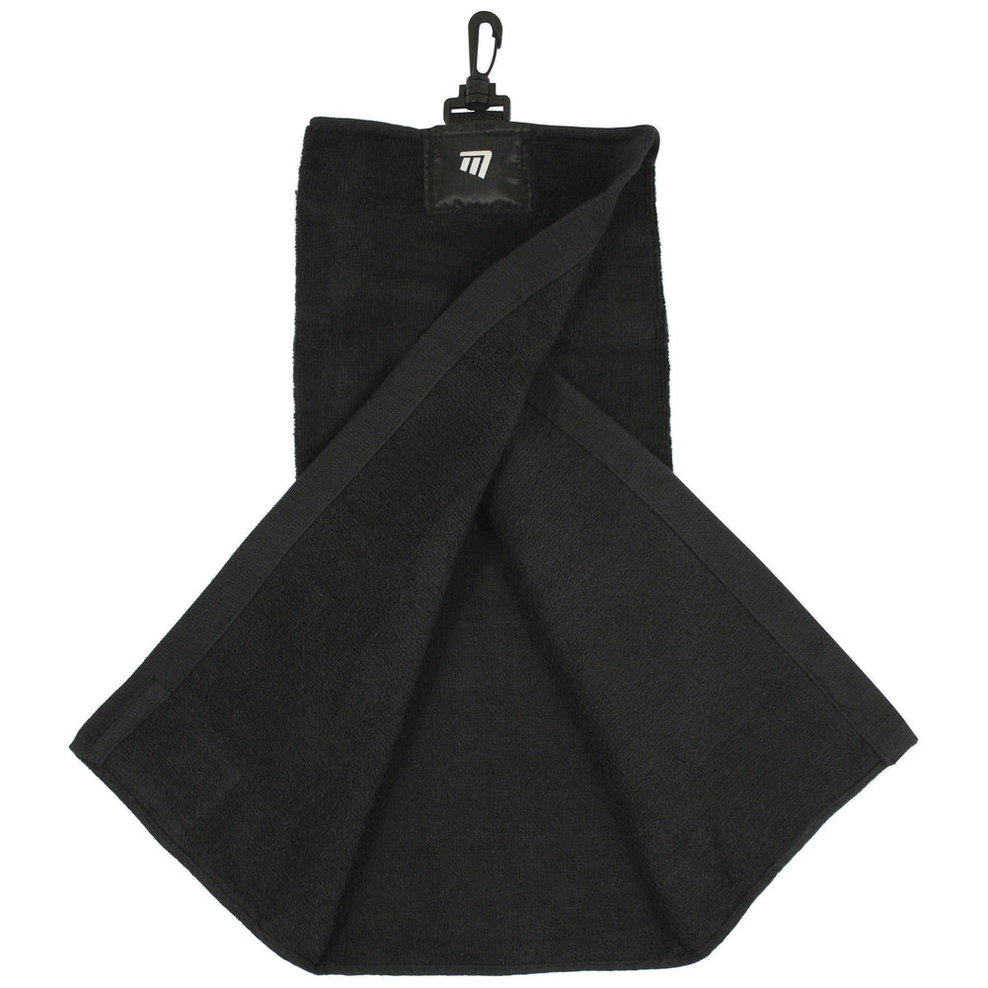 Masters tri-fold black golf towel displayed with logo, made of soft absorbent fabric for cleaning golf clubs and balls.