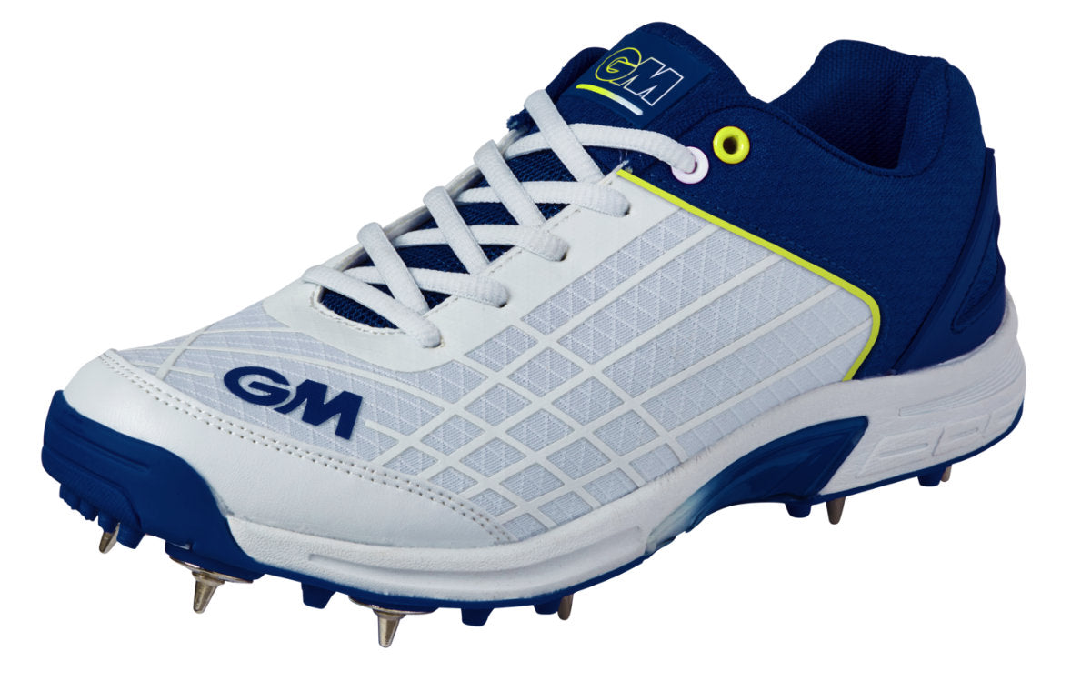 Gunn & Moore CRICKETGM Original Cricket Shoe with white and blue design, leather upper, and cushioned sole for cricket players.