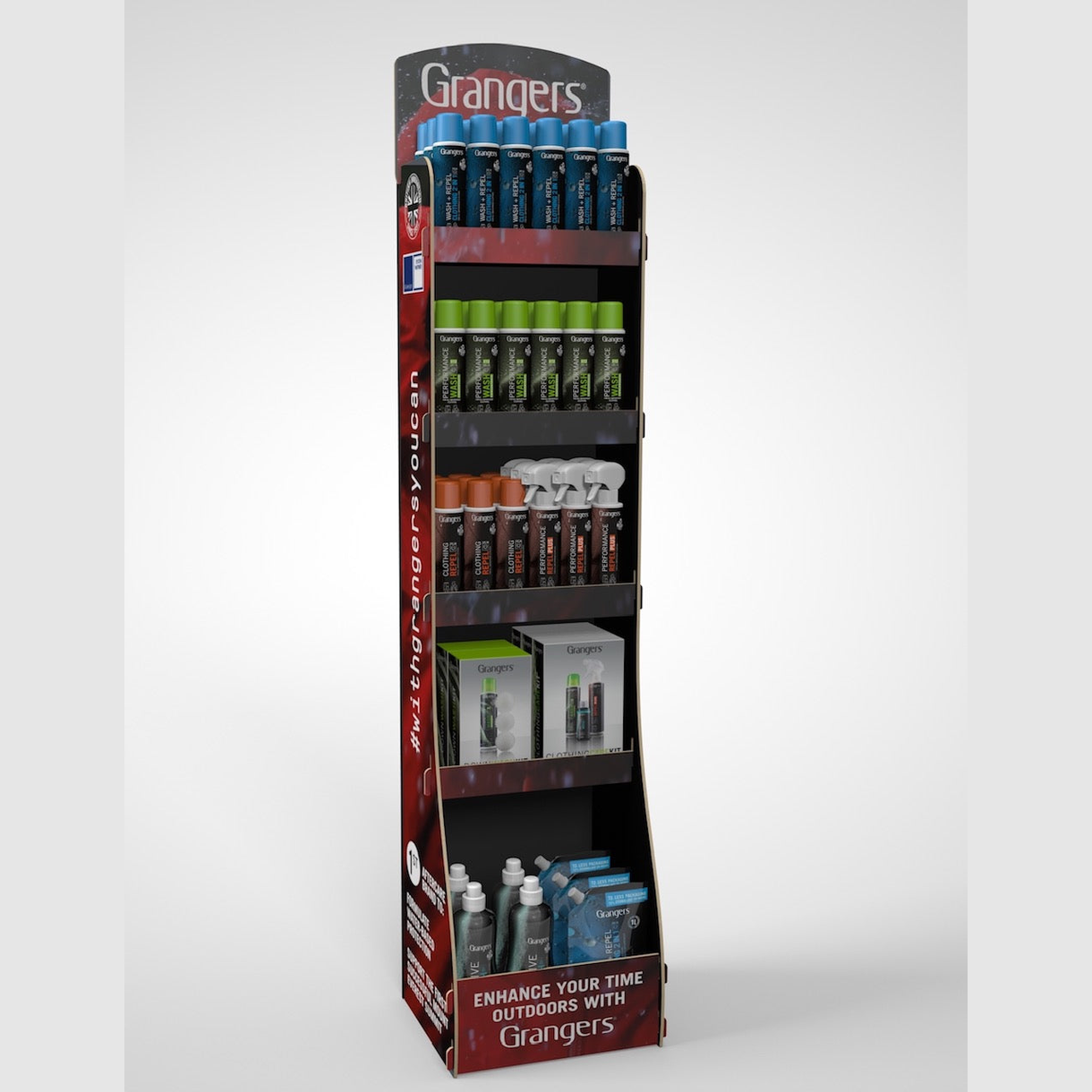 Grangers FSDU floor-standing display unit for sporting goods, showcasing product organization and branding.