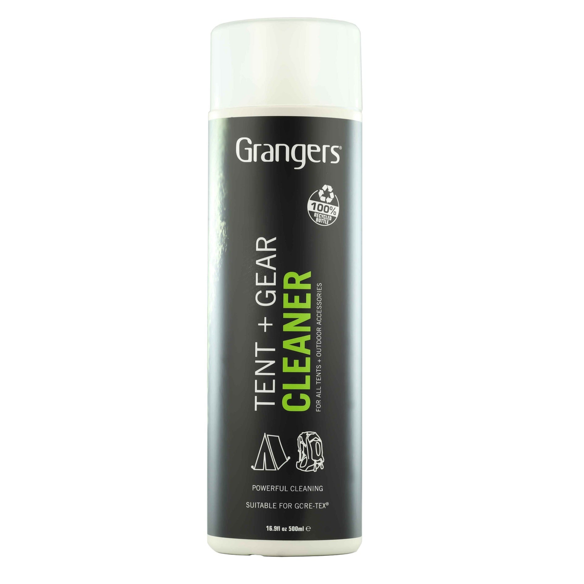 Grangers Tent & Gear Cleaner bottle with label, outdoor cleaning product for camping gear and sporting goods.