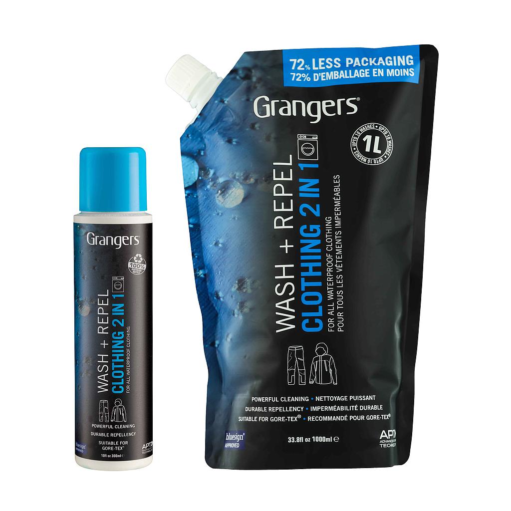 Grangers Wash & Repel clothing treatment bottle for outdoor and sporting goods, designed to waterproof and refresh fabrics.