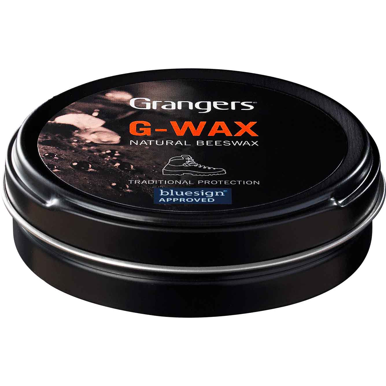 Grangers G-Wax Leather Footwear Protection Wax container with a wax block and application brush for waterproofing leather shoes.